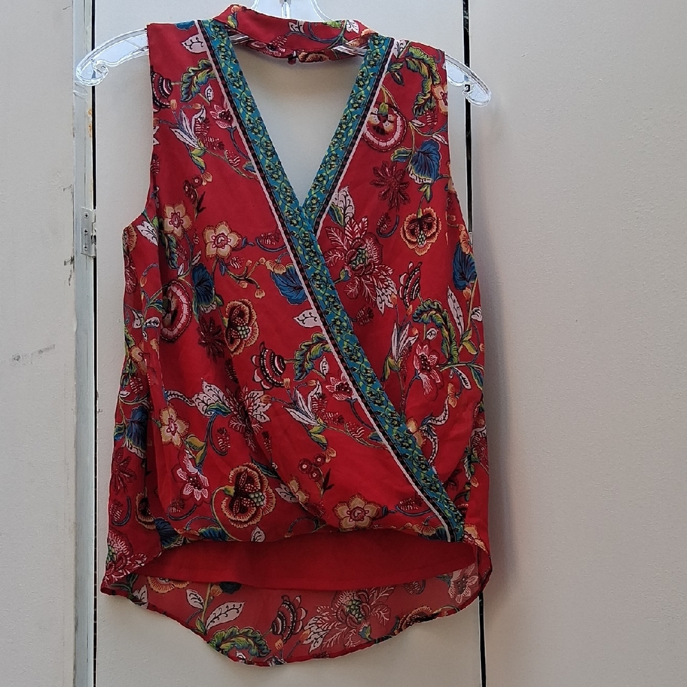 I.N. San Francisco Red Floral Wrap Blouse